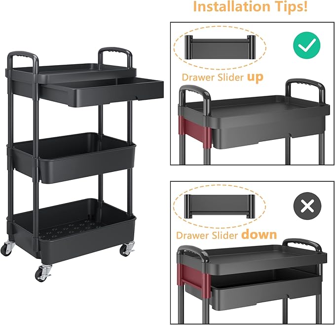 Calmootey 3-Tier Rolling Utility Cart with Drawer,Multifunctional Storage Organizer with Plastic Shelf & Metal Wheels,Storage Cart for Kitchen,Bathroom,Living Room,Office,Black-NeatNest