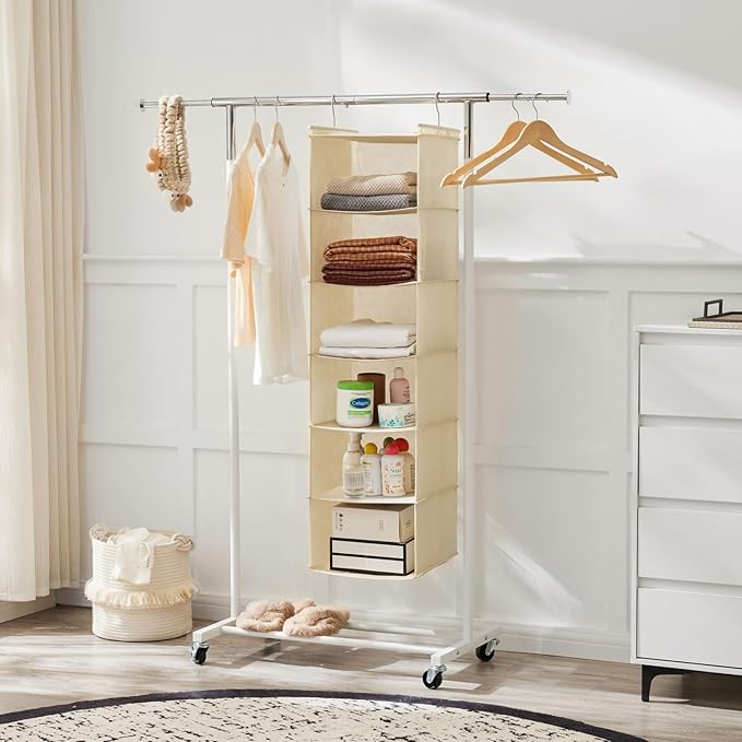 MAX Houser 6 Tier Shelf Hanging Closet Organizer, Cloth Hanging Shelf with 2 Sturdy Hooks for Storage, Foldable (Beige)-NeatNest