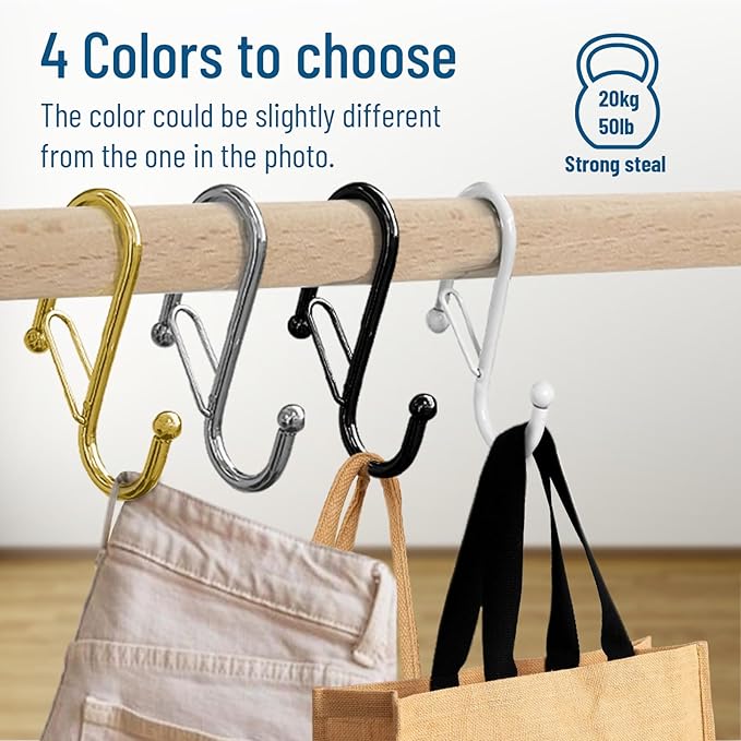 6 S-Shaped Hooks with Anti-Fall System. Anti Drop S-Shaped Hook with Safety Buckle to Prevent Falls. Heavy Duty. (Black, 4in Long (Diameter Rod<1.2in))-NeatNest