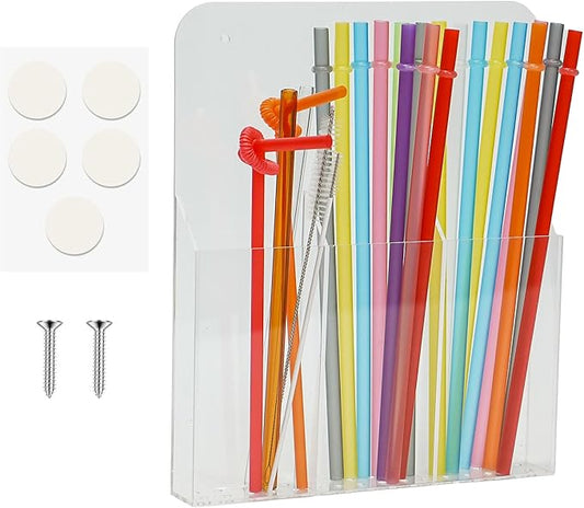 Acrylic Straw Holder for Cabinet, Large Capacity Thickened 9.4"x7.8" Adhesive Cabinet Door Organizer,Drinking Straws Dispenser,Organizer for Cupboard Reusable for Kitchen