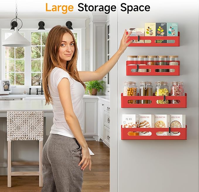 4 Pack Magnetic Spice Rack for Refrigerator, Spice Rack Organizer, Moveable Magnetic Shelf Fridge Organizer with 4 Hooks for Kitchen and Oven Organization,Red