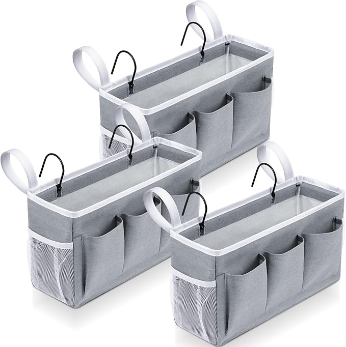3 Pcs Bedside Caddy Storage Organizer, Bedside Hanging Storage Bag with Pockets and Fixed Straps for Bunk Bed Shelf Dorm Rooms Crib Bed Rails Hospital Beds, Can Be Placed Glasses Books-NeatNest