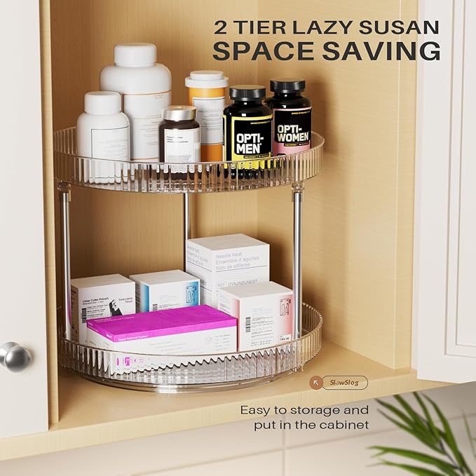 2 Tier Lazy Susan, 360 Degree Rotating Clear Organizer for Table Top, Seasoning, Makeup & Perfume Organizer for Vanity, Counter Organizer Tray for Kitchen, Bathroom-NeatNest