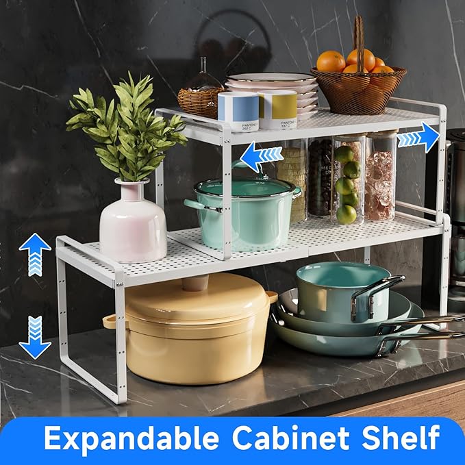 Expandable Cabinet Shelf Organizers, Kitchen Small Stand Rack Organization for Countertop Cupborad Pantry, White 2 Pack-NeatNest