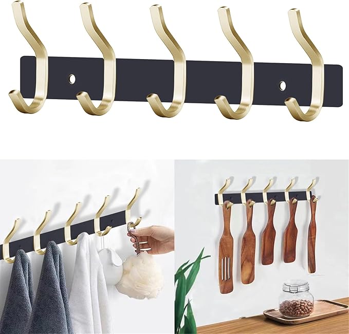 AZW Coat Rack Wall Mount,Heavy Duty Stainless Steel Metal Coat Hooks Hanging for Robes Bags Keys Hat Clothes and Bathroom Door Towels Hanger(Black and Gold 5 Hooks)-NeatNest