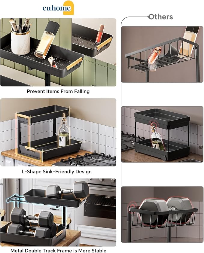 Under Sink Organizer, 2 Tier Adjustable Height Under Sink Organizers and Storage, L-Shaped Slide Out Pull Out Cabinet Organizers for Bathroom Kitchen Pantry (2 Pack, Black)-NeatNest