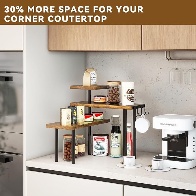 IBUYKE Countertop Organizer,3-Tier Spice Racks,Set of 2,Kitchen Counter Corner Shelf,4 Side Hooks,Adjustable Countertop Shelf for Kitchen, Bathroom, Coffee Bar, Cabinet, Desk,Rustic Brown,TLJ023H-2-NeatNest