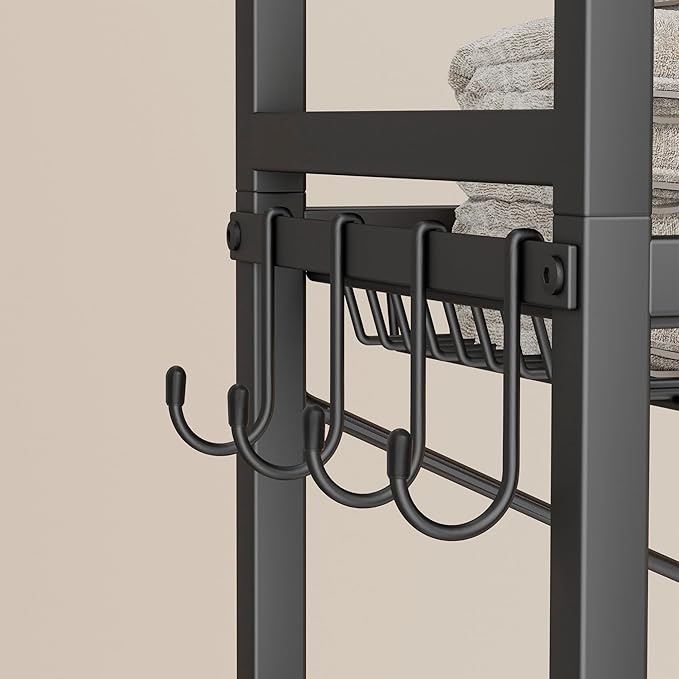 Homhedy 4-Tier Over The Toilet Storage with 4 Hooks and Paper Holder, Space Saving, Bathroom Organizer with Adjustable Feet, Metal Frame and Wooden Shelf,Rustic Brown and Black