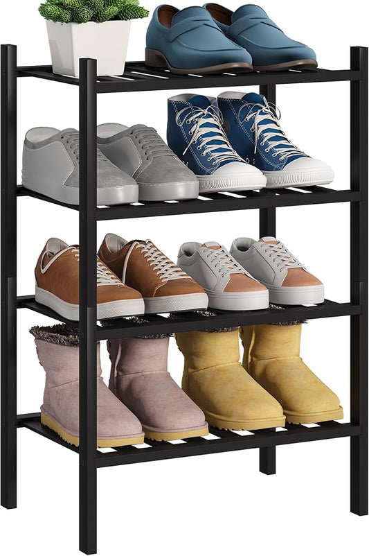 BMOSU 4-Tier Bamboo Small Shoe Rack Premium Stackable Shoe Shelf Storage Organizer for Hallway Closet Living Room Entryway Organizer (Black Bamboo)-NeatNest