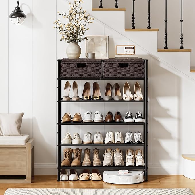 Shoe Rack, 5 Tier Shoe Storage Organizer with 2 Hand Woven Drawers, Metal Shoe Shelf for 16-20 Pairs of Shoes, with 4 Fabric Shelves and Woven Top, Shoe Stand for Closet Entryway, Dark Brown-NeatNest
