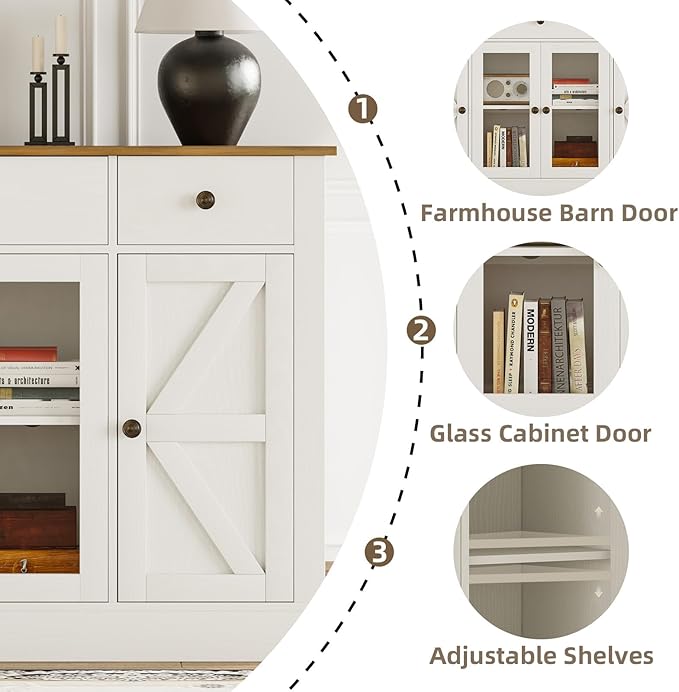 4 EVER WINNER Buffet Cabinet with Storage, 55" Farmhouse Sideboard Buffet Cabinets with Drawers and Glass Doors, Coffee Bar Cabinet for Kitchen, Living Room, White-NeatNest