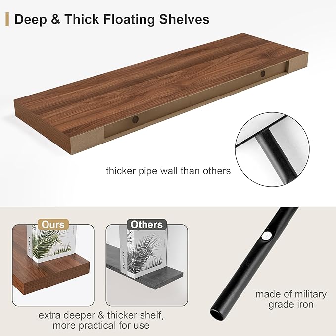 Heimlove Walnut Bathroom Shelves Floating Shelves for Wall Shelf Over Toilet Long Wall Mounted Modern Farmhouse,48 x 12 Wall Shelves with Invisible Brackets for Living Room, Kitchen, Bedroom-NeatNest