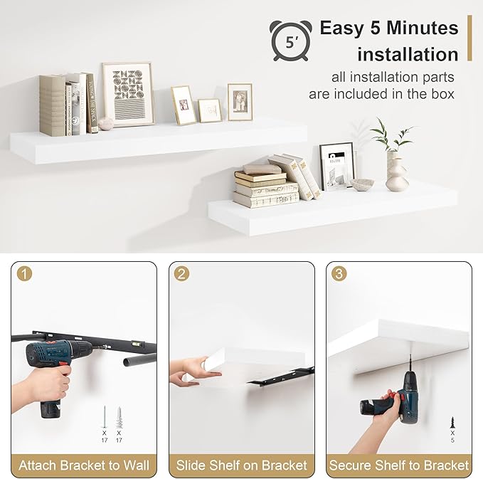 Heimlove White Bathroom Shelves Floating Shelves for Wall Shelf Over Toilet Long Wall Mounted Modern Farmhouse,48 x 12 Shelves with Invisible Brackets for Living Room, Kitchen, Bedroom-NeatNest