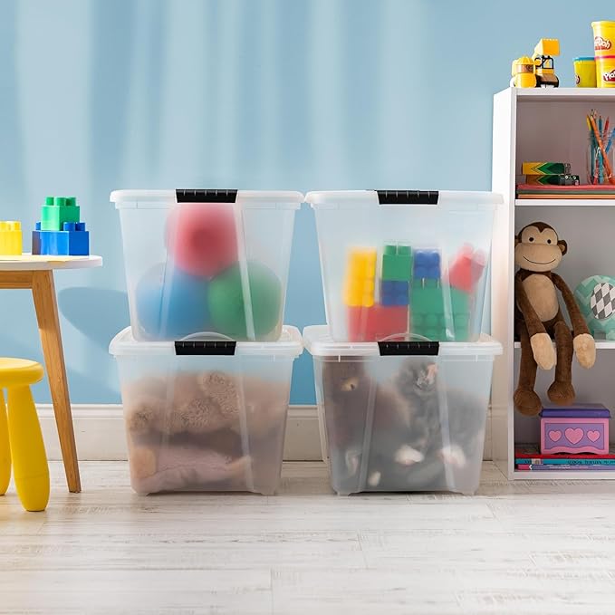 IRIS USA 54 Qt Stackable Plastic Storage Bins with Lids, 6 Pack - BPA-Free, Made in USA - See-Through Organizing Solution, Latches, Durable Nestable Containers, Secure Pull Handle - Clear