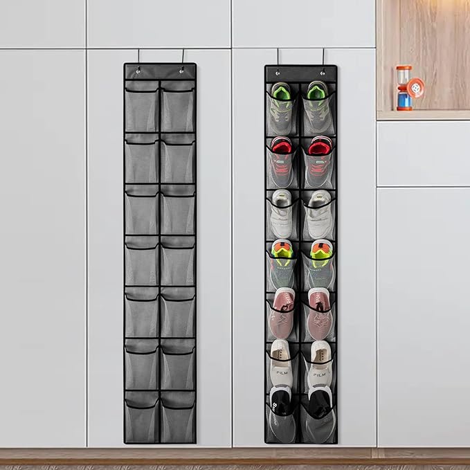 KEEPJOY Over the Door Shoe Organizer, Hanging Shoe Organizer with 4 Hooks,Door Shoe Holder with 14 Mesh Deep Pockets Closet Door Shoe Storage Bag (Grey-2Pack)-NeatNest