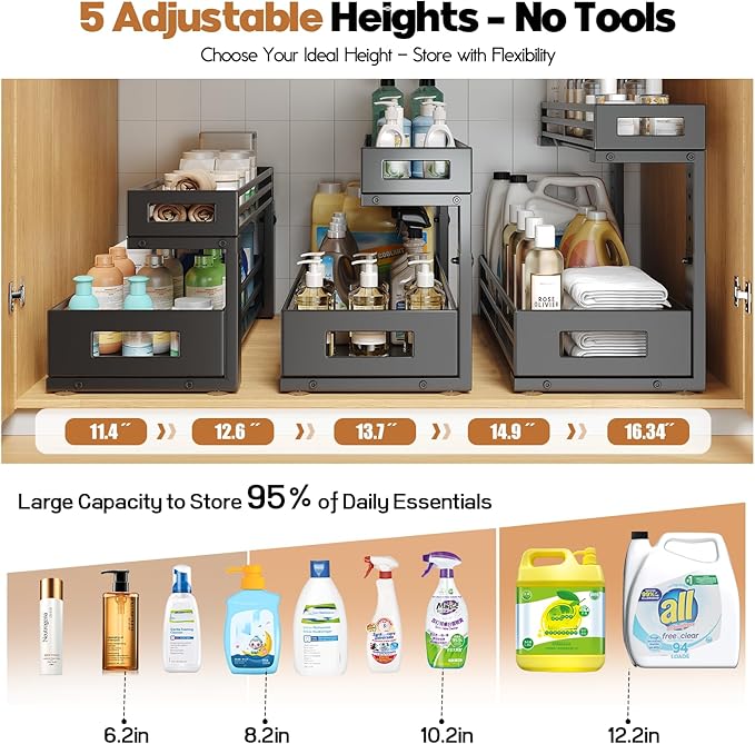 2-Pack 19"Deep Under Sink Organizer And Storage, 2-Tier L-Shaped Pull Out Cabinet Organizer with Upgraded Slide Rails, Height Adjustable Drawers for Kitchen&Bathroom, Extra-Large Storage Shelves–Black-NeatNest