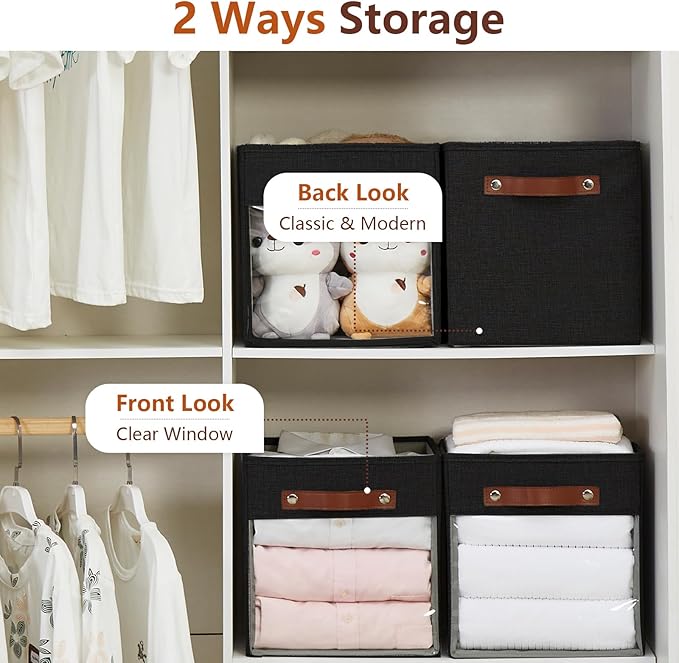 Storage Cube Organizer with Clear Window, Linen Collapsible Storage Boxes with PU Handles, Cube Storage Bins for Shelf, Closet, Cabinet, Bookcase (10.5x10.5x11, Black)-NeatNest