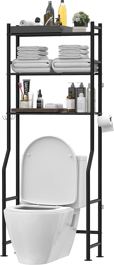 3-Tier Over The Toilet Storage, Freestanding Metal Bathroom Shelves with 4 Hooks, Over Toilet Storage Shelf with Paper Holder, Above The Toilet Shelf for Bathroom Storage, Black-NeatNest