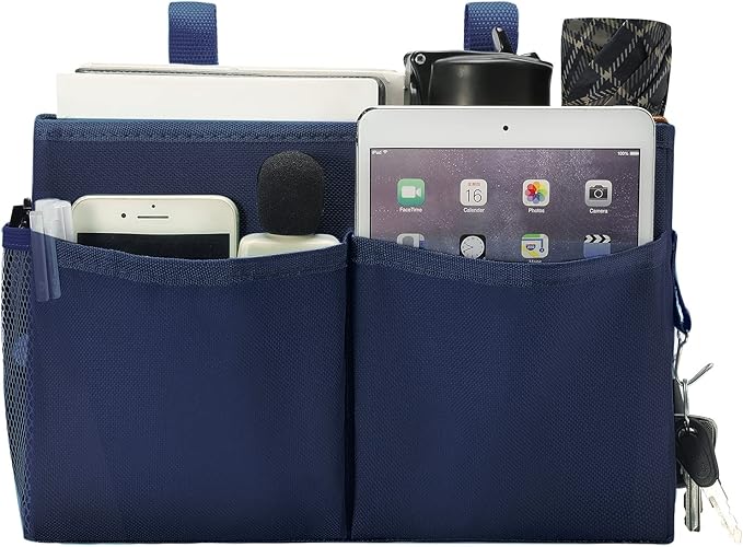 Bunk Bed Organizer, Bedside Caddy Hanging Bed Organizer Storage Bag with 4 Pockets and 2 Hooks, for College Dorm Rooms Bed, Hospital Bed, Baby Bed Rails, 600D Oxford Cloth (Navy Blue)-NeatNest