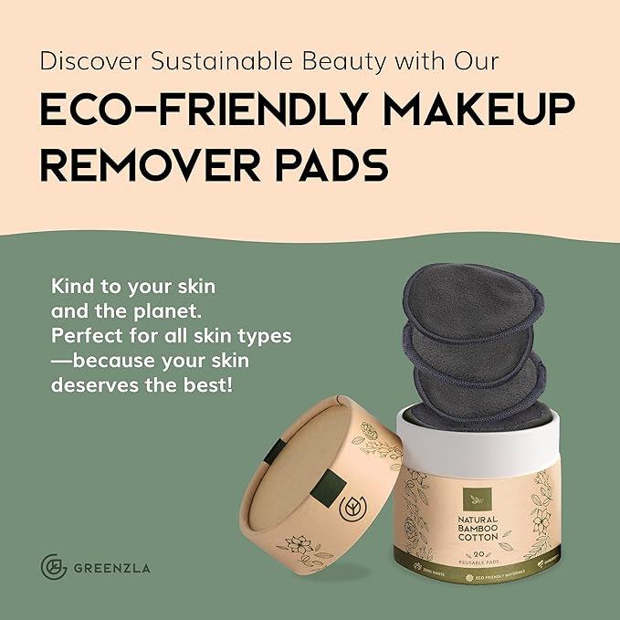 Greenzla Reusable Makeup Remover Pads - 20 Pack Organic Dark Charcoal Bamboo Cotton Pads with Mesh Laundry Bag, Cotton Travel Pouch, & Cotton Rounds Holder, Sustainable Face Wipes for All Skin Types-NeatNest