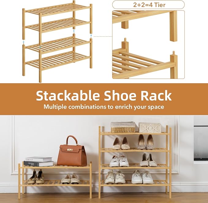 4 Tier Bamboo Shoe Rack Storage Organizer for Closet, Multifunctional Stackable Free Standing Shoe Shelf Organizer for Small Space,Entryway,Hallway,Bathroom 27"x11"x26"(Natural, 4 Tier)-NeatNest