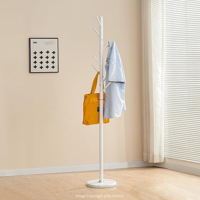 Kertnic Metal Coat Rack Stand, Free Standing Coat Rack with Stable Marble Base, High-Grade Coat Tree with 7 Hooks Metal Hall Tree Bedroom Floor Hat & Clothes Hanger (w White)-NeatNest