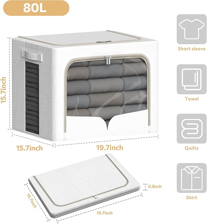 6 Pack Clothes Storage Bins with Metal Frame Clothing Storage Bins with Lid Linen Fabric Storage Box With Clear Window＆ Zippers＆ Durable Handles (Extra Large- 80L, Count, 6)-NeatNest