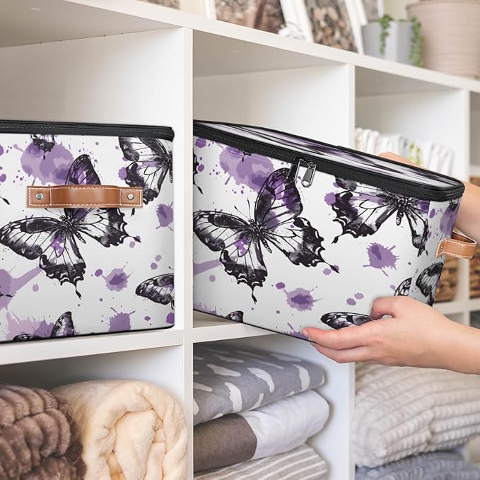 Butterfly Storage Bins with Zipper Lid, Watercolor Butterfly Lidded Storage Baskets Boxes Foldable Organizer with Leather Handles for Clothes Closet Shelf Toys-NeatNest