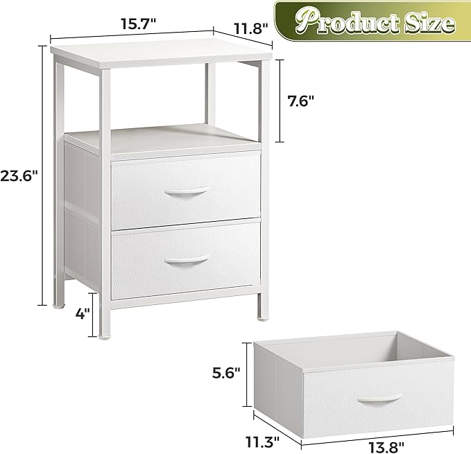 Huuger Night Stand Set of 2, Nightstand with 2 Drawers, Bed Side Table with Open Shelf, Wooden Top, End Table, PU Leather Fabric Drawer Surface, for Bedroom, White