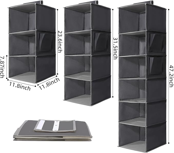 2 Packs Hanging Closet Organizer Stroage, 3-Shelf Hanging Shelves with Bamboo Inserts & Side Pocket, Grey-NeatNest