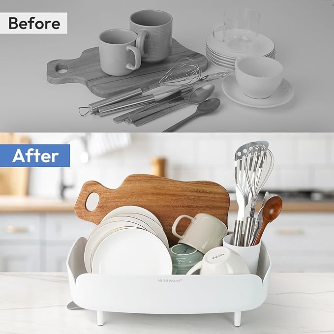 carrotez Split-Design Small Dish Drying Rack, Space-Saving Dish Drainer for Small Kitchen Countertops, Ideal for 1–2 Person Households or as a Secondary Rack, 9.5'' × 15.9'' × 4.9'', White