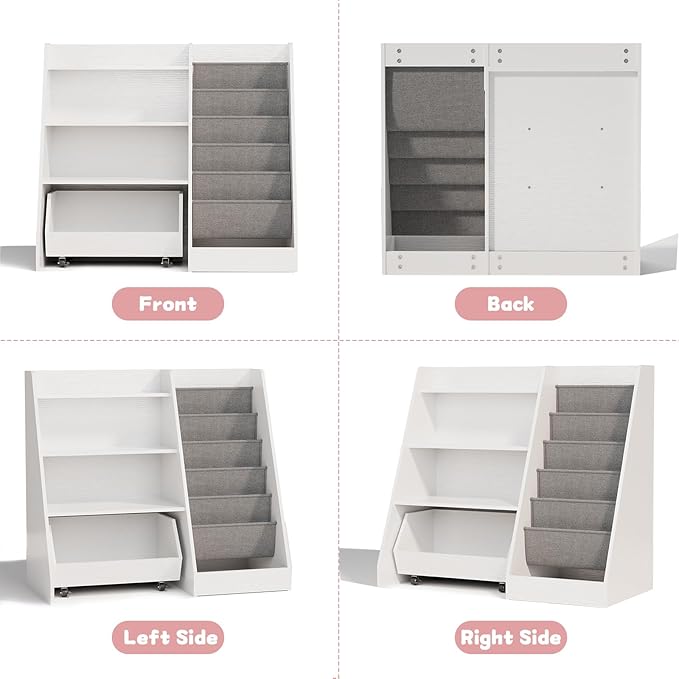 COZPAW Kids Bookshelf and Toy Storage, 4 Tier Toddler Bookshelf with Movable Drawer 5 Sling Pockets, Montessori Book Shelf for Kids Room, Playroom, Nursery (White)-NeatNest