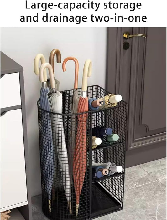 Commercial Metal Umbrella Holder Indoor Large-Capacity Umbrella Storage Shelf Umbrella Basket with Removable Drip Tray for Entryway Metal Entrance Umbrellas Organizer(Black)-NeatNest