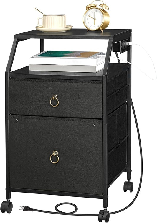 HOOBRO 2-Drawer Mobile File Cabinet, Filing Cabinet with Charging Station, Rolling Printer Stand with Open Storage Shelf, fits A4/Letter-Size for Home Office, Nonwovens Drawer, Black BB10UWJ01
