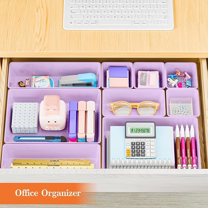 25 PCS Plastic Drawer Organizer Set, 4-Size Versatile Organizer Trays & storage Bins for Makeup, Jewelry, and Gadgets in Bathroom, Bedroom and Office, Purple-NeatNest