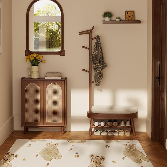 Shoe Bench Entryway,Coat Rack with Shoe Storage, Coat Rack and Shoe Rack, Wooden Narrow Shoe Bench（Walnut）