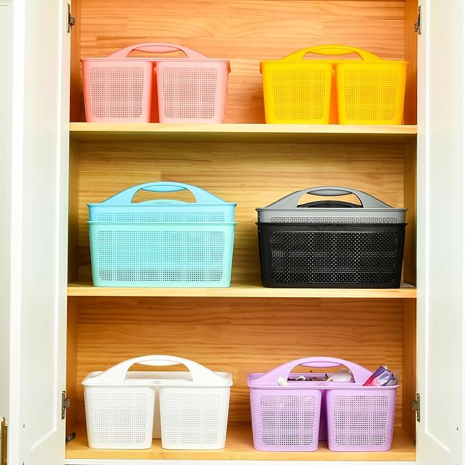 Plastic Pink Shower Caddy Basket, Divided Cleaning Portable Shower Basket with Handle Compartments Storage Organizer for Bathroom, College, Kitchen, Dorm Room Essentials