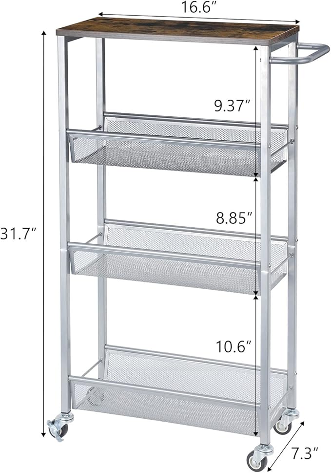 NANANARDOSO 4 Tier Slim Rolling Cart, Narrow Cart with Wood Top and Metal Handle, Kitchen Slim Storage Cart for Narrow Space on Kitchen, Bathroom, Silver.
