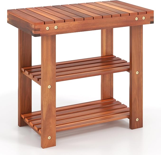 Tangkula Acacia Wood Shoe Rack Bench, 3 Tier Sturdy Bench, Storage Organizer, Holds up to 180lbs for Entryway, Bedroom, Living Room, Balcony, Teak Color (19-inch)-NeatNest