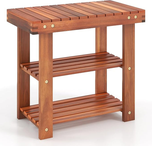 Tangkula Acacia Wood Shoe Rack Bench, 3 Tier Sturdy Bench, Storage Organizer, Holds up to 180lbs for Entryway, Bedroom, Living Room, Balcony, Teak Color (19-inch)-NeatNest