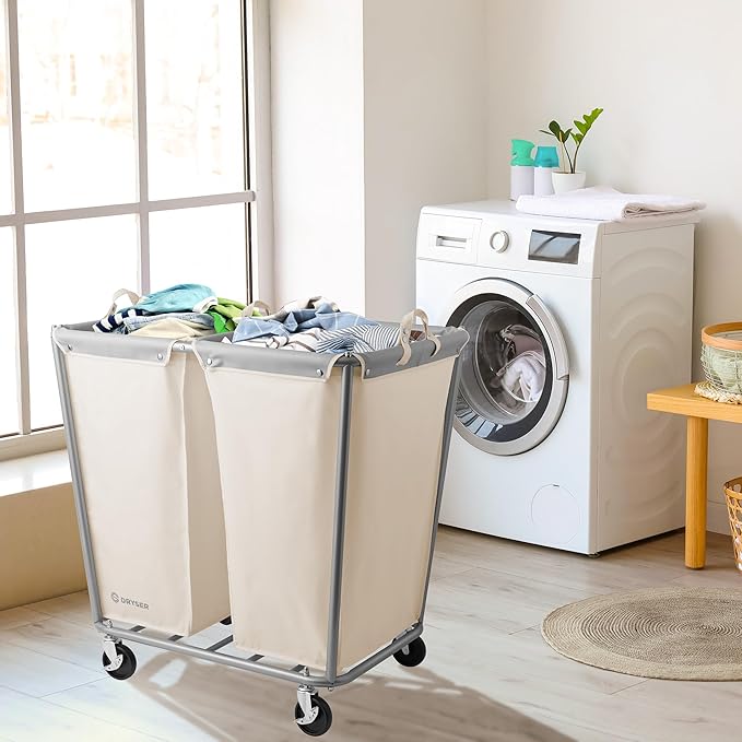 Dryser Divided Commercial Heavy-Duty Rolling Laundry Hamper, Steel Frame Cart on Wheels with 2 Section Removable Canvas Bins for Hotel or Home - White