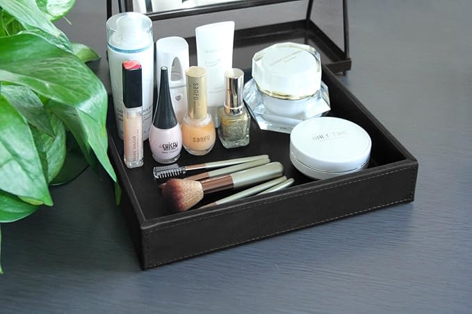 HofferRuffer Faux Leather Vanity Tray, Elegant Desktop Storage Organizer, Decorative Catchall for Perfume, Bathroom Valet, Nightstand or Dresser, Black, 10.2 x 8.4 x 1.8 Inches-NeatNest