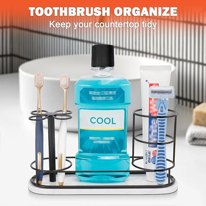 HarJue Toothbrush Holder Stand for Bathroom, Metal Toothbrush Organizer with Marble Base, Toothbrush Storage Collection for Family, Suitable for Home Hotel Countertop Vanity (Large, Matte Black)