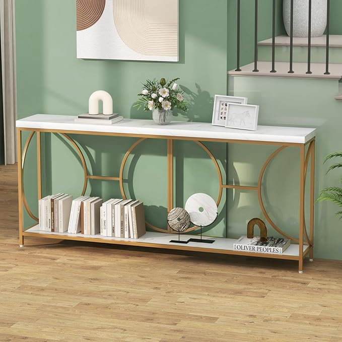 Giantex 71" Console Table, 2-Tier Extra-Long Gold Entryway Table w/Storage Shelf, Faux Marble Top, Narrow Sofa Table with Geometric Frame, Behind Couch Entry Table for Living Room, Hallway, Foyer-NeatNest