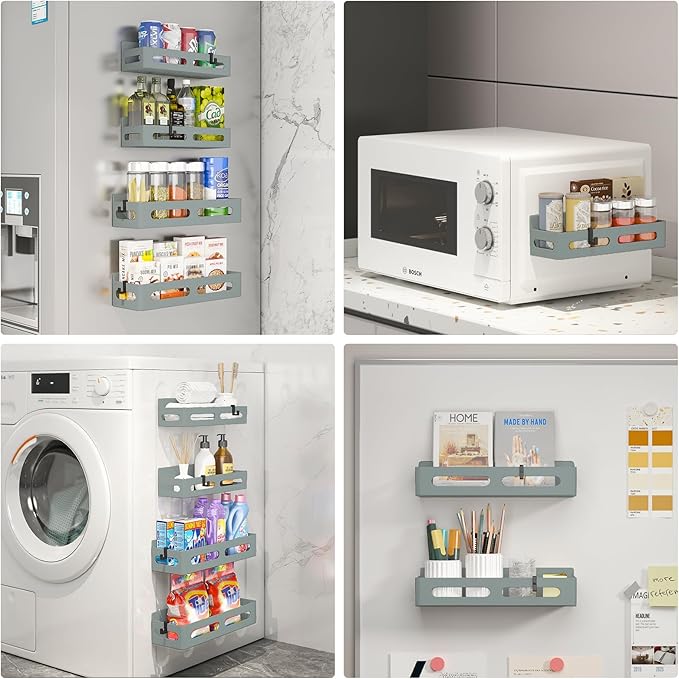 4 Pack Magnetic Spice Rack for Refrigerator, Spice Rack Organizer, Moveable Magnetic Shelf Fridge Organizer with 4 Hooks for Kitchen and Oven Organization, Grey