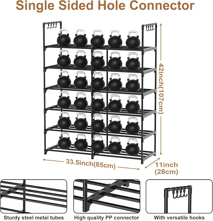 2-Row 6-Tier Shoe Rack, Black Metal Stackable Shoe Shelf with Multifunctional Hooks, Hold 24-30 Pairs, Space Saving Shoes Organizer for Closet,Show Rack-NeatNest