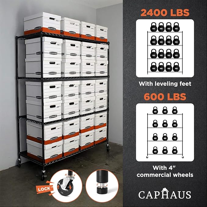 CAPHAUS 4-Tier Heavy Duty Adjustable Height Wire Shelving Unit w/Wheels & Leveling Feet, Metal Steel Shelf, Garage Shelving, Utility Rack Storage, 48" W-NeatNest