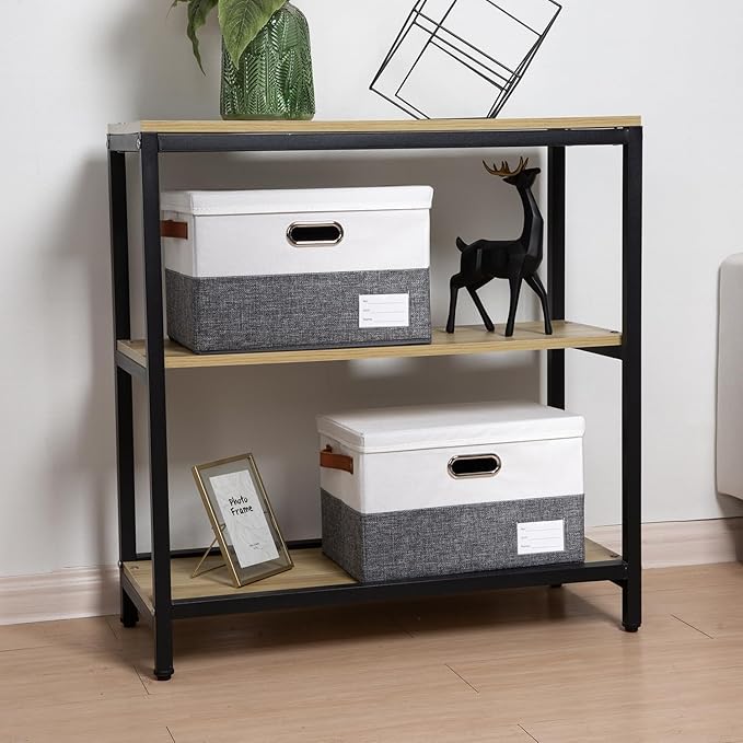 PRANDOM Foldable Storage Bins with Lids [3-Pack] Fabric Collapsible Storage Boxes Baskets Cubes Containers with Handles for Closet Living Room Bedroom (Grey & White 14.9x9.8x9.8'')-NeatNest