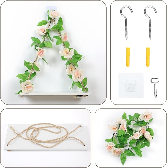 Floating Shelves for Wall,Plant Wall Decor,Hanging Shelf,Cottage Core Decor,Room Decor Aesthetic,Boho Room,Adhesive Shelves,Floating Shelves for No Drilling,Two-Piece Set(Champagne Flower)-NeatNest