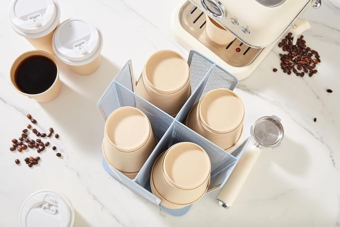 Annova Paper/Plastic Cup and Lid Holder Storage Organizer, 360°Rotating Coffee Cup Dispenser with 4 Compartments, Multifunctional Storage Rack for Home, Office, Bar, Coffee Shop (New Blue)